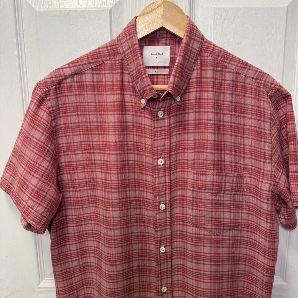 Billy Red Men’s Medium Slim Red Plaid Short Sleeve Button Down, light weight - Picture 2 of 11